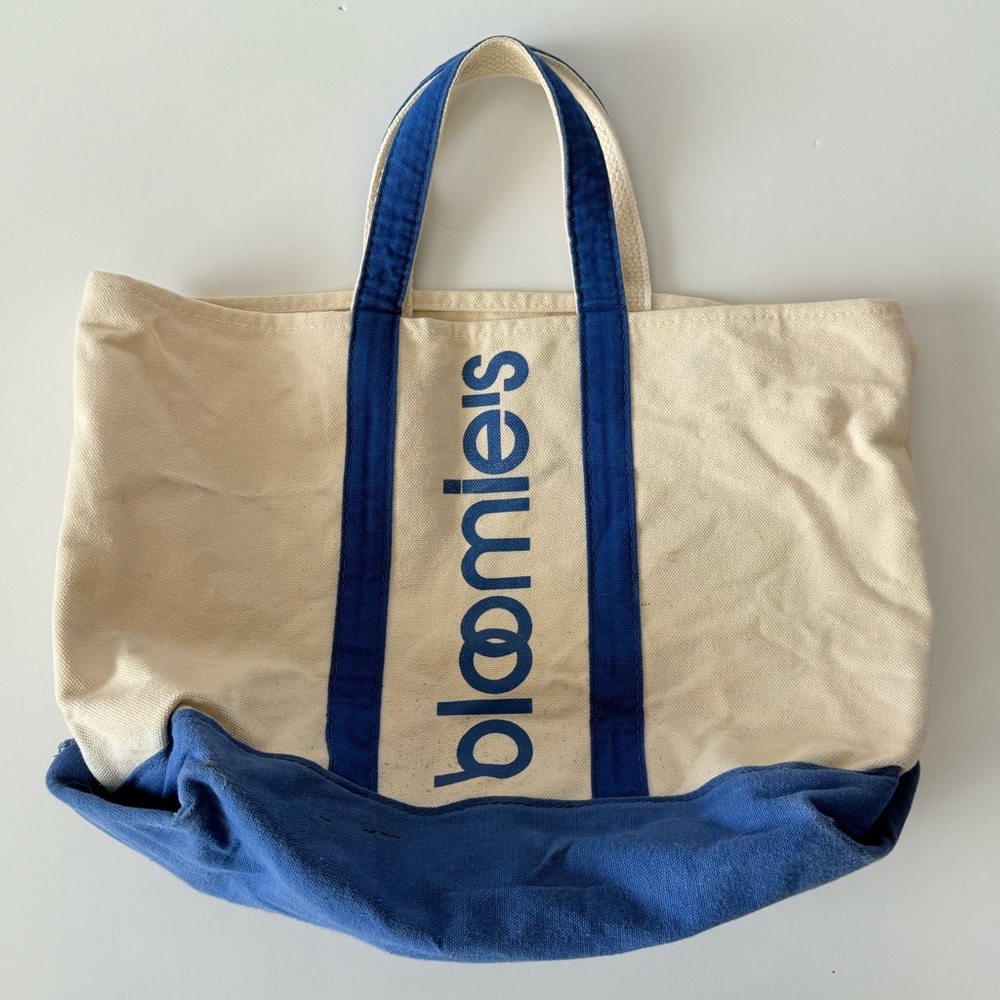 Vintage Bloomie’s Canvas Tote Bag in Cream Blue